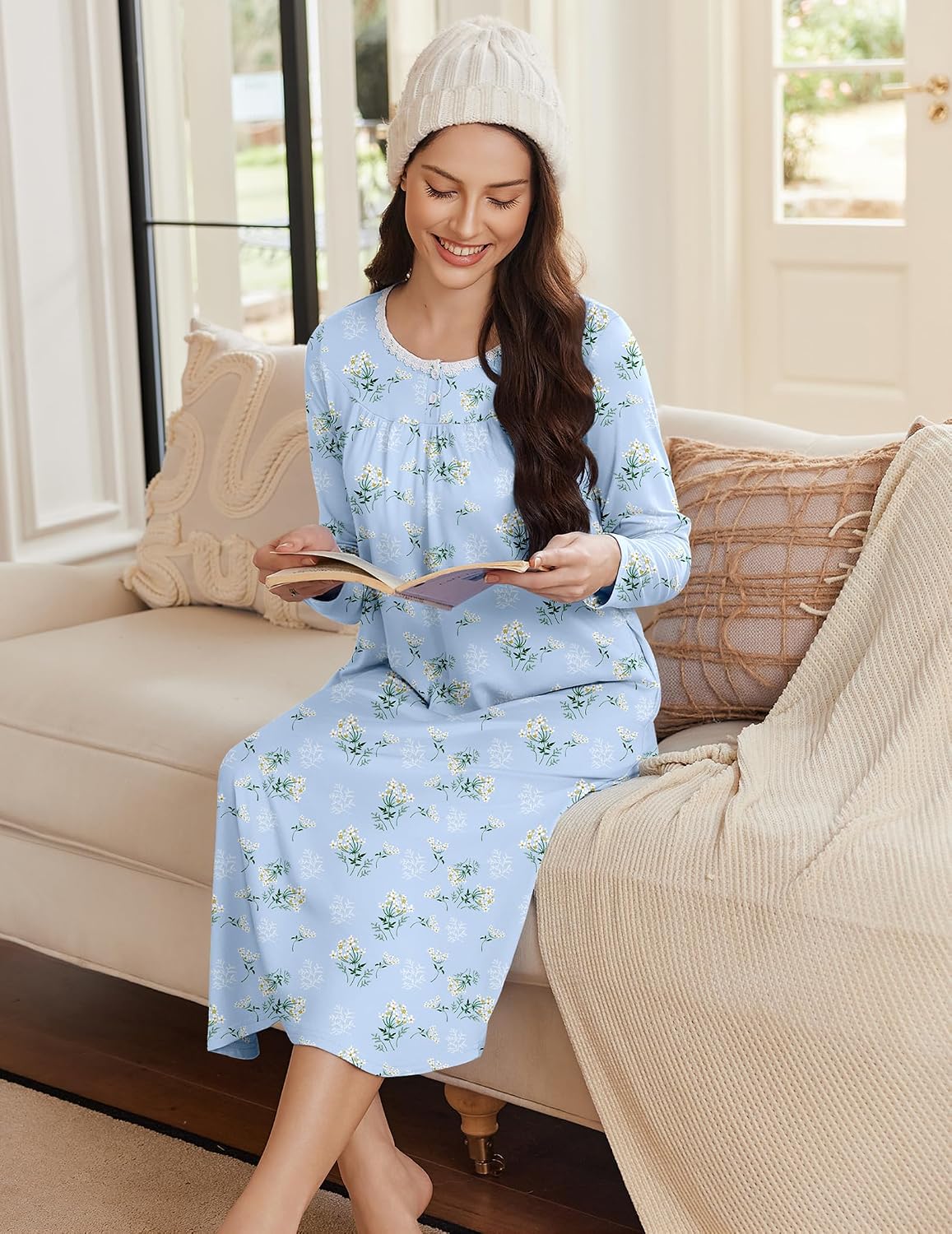 Ekouaer Womens Long Sleeve Nightgowns Long Sleepshirts Henley Sleep Dress