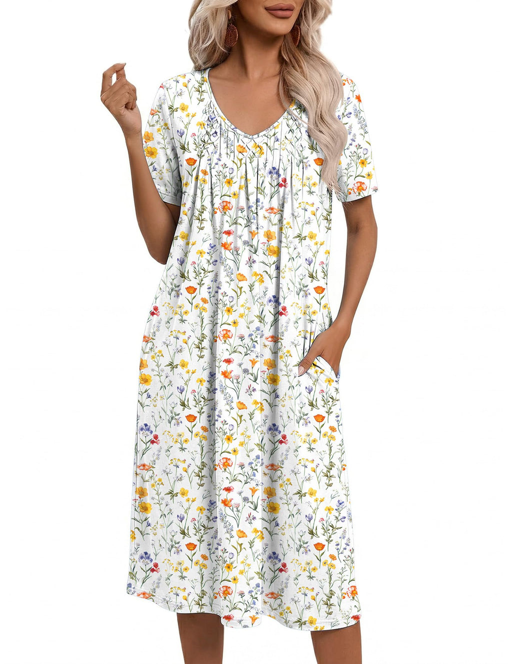 Ekouaer Nightgowns for Women with Pockets House Dress Pleated Night Gowns