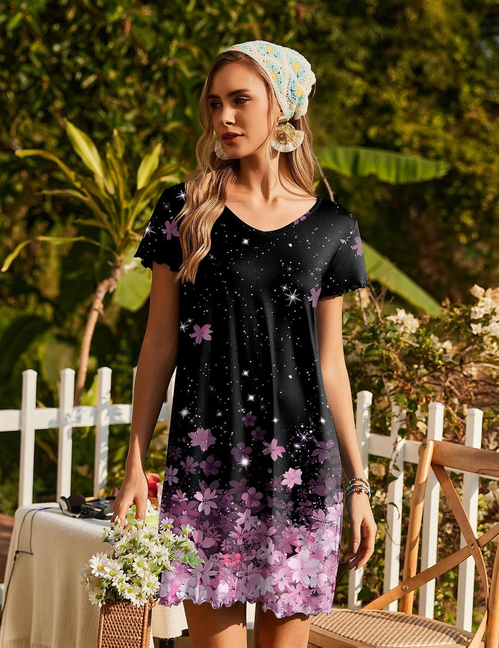 Ekouaer Womens Nightgown Short Sleeve Night Gowns Soft Ruffled Sleep Shirt