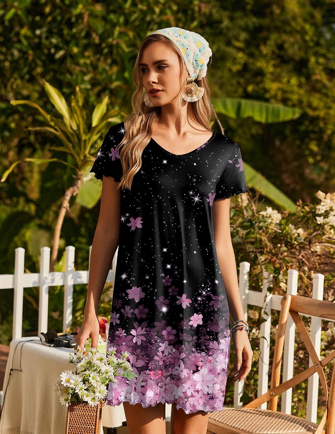 Ekouaer Womens Nightgown Short Sleeve Night Gowns Soft Ruffled Sleep Shirt