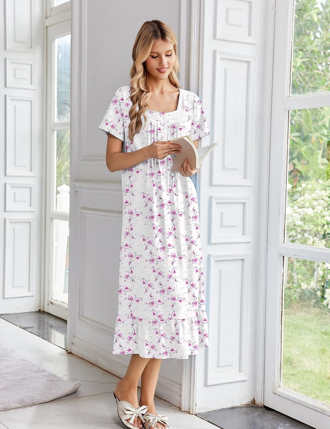 Ekouaer Cotton Long Nightgowns for Women Short Sleeve Button House Dress