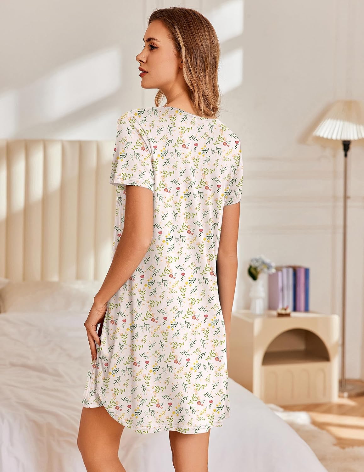 Ekouaer Nightgowns for Women Pleated Sleep Shirts Short Sleeve Night Shirts