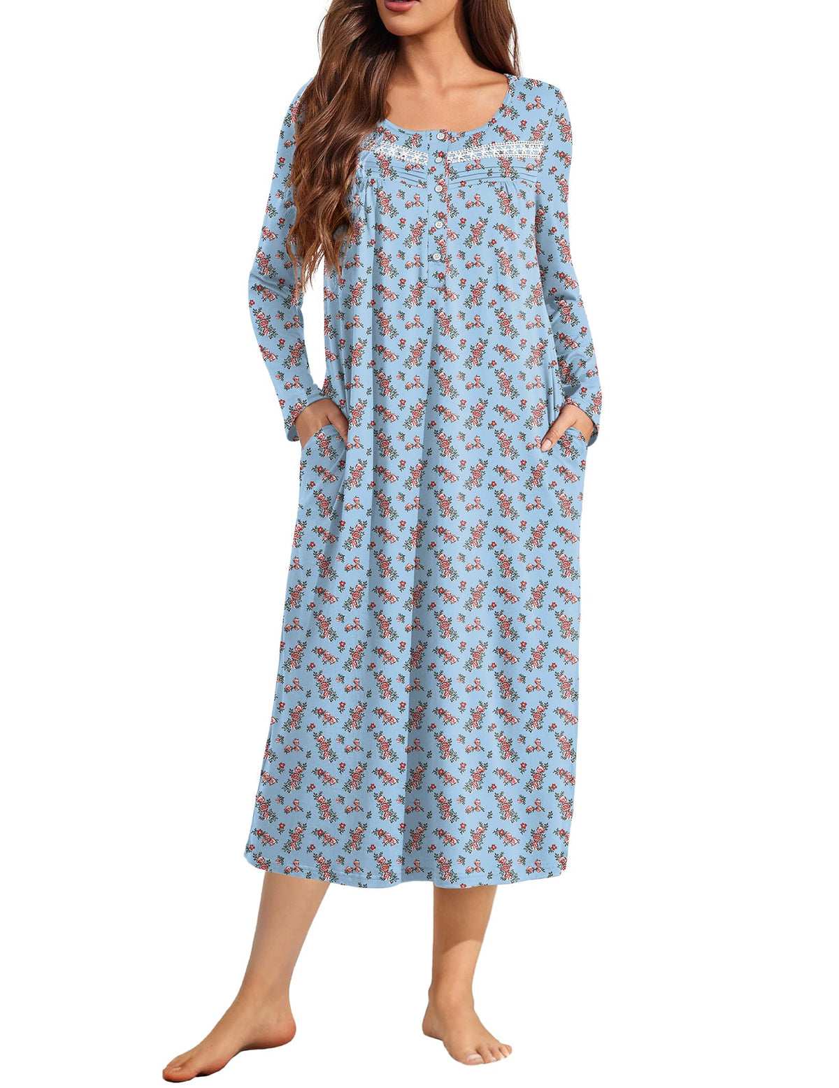 Ekouaer Long Sleeve Nightgown for Women Long Henley House Dress with Pocket