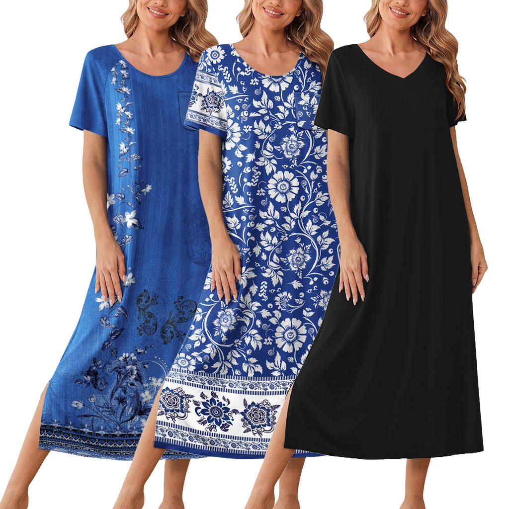 Ekouaer Long Nightgowns for Women 3 Pack Plus Size Short Sleeve House Dress