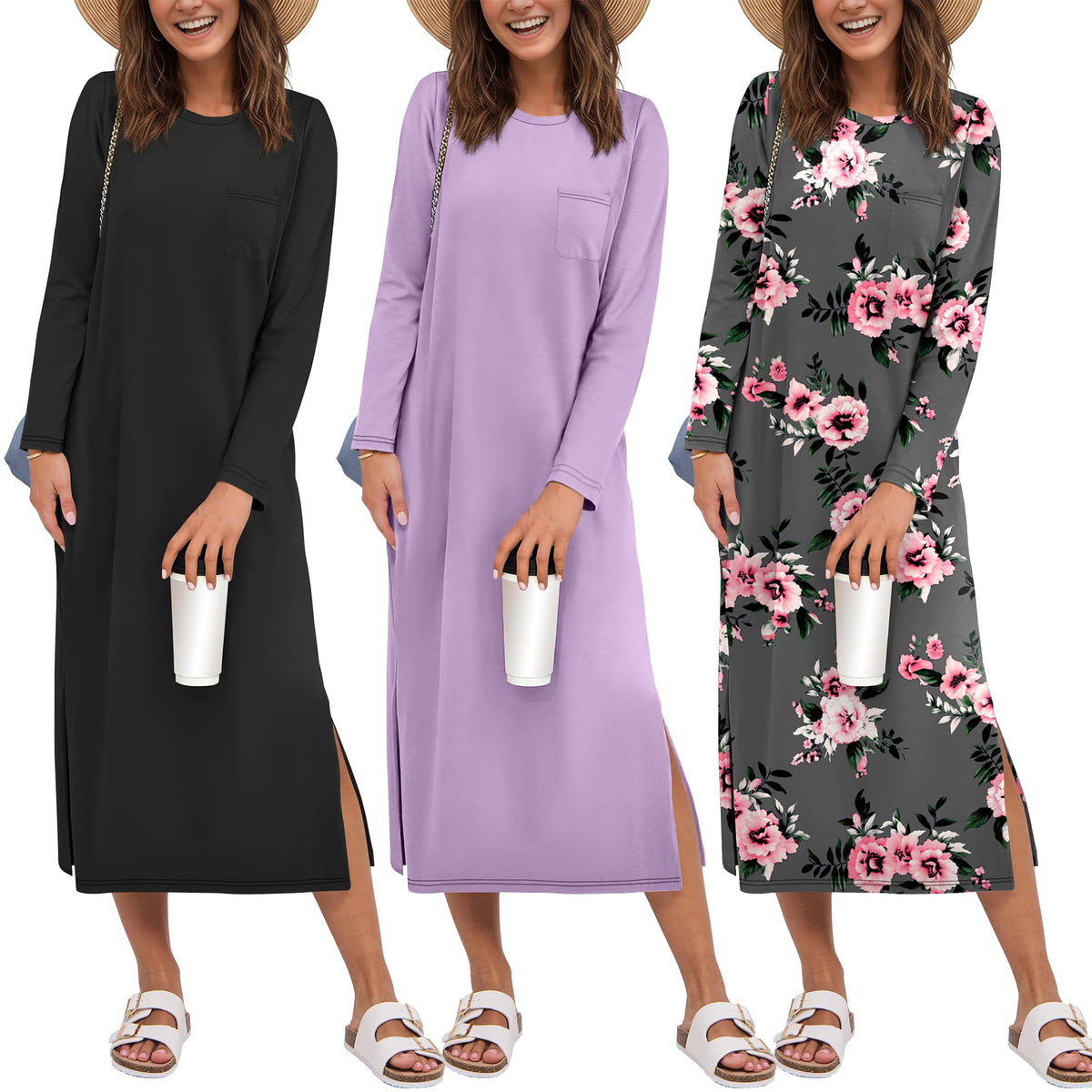 Ekouaer 3 Pack Long Sleeve Full Length Chest Pocket Nightgowns for Women