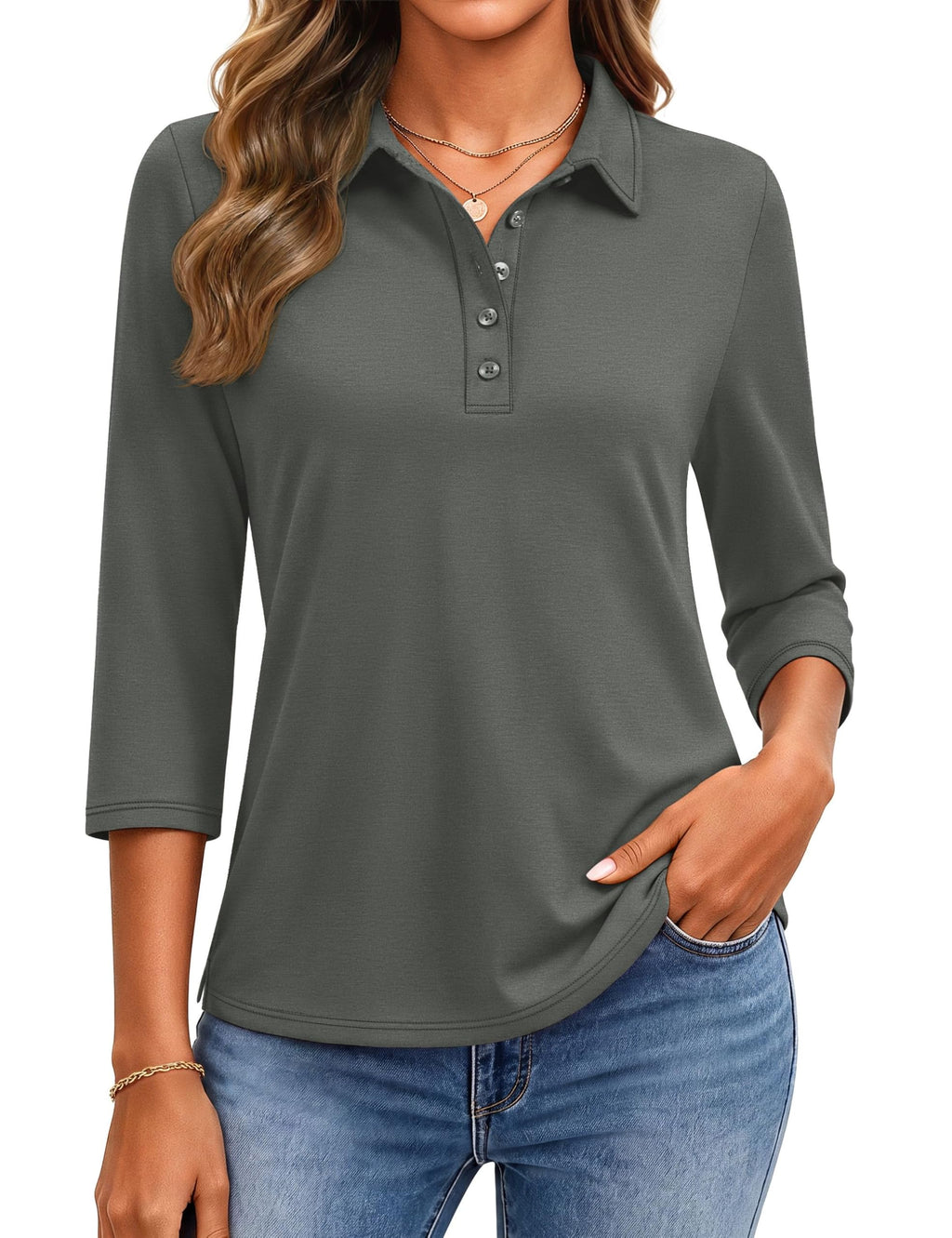 YUCOLEN Polo Shirts for Women 3/4 Sleeve Tops Golf Tees 5-Button Collared