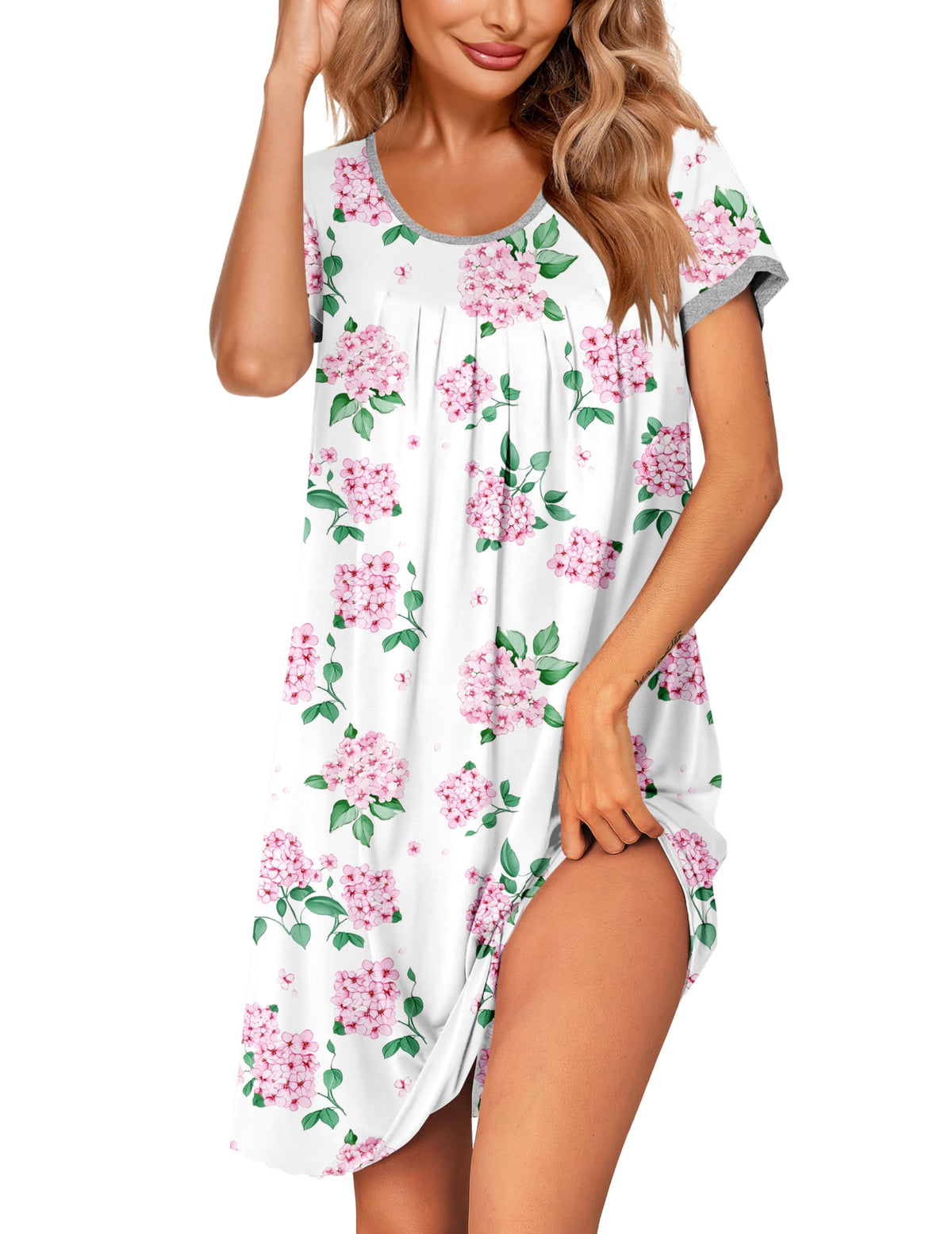 Ekouaer Womens Nightgown Short Sleeve Sleepwear Soft Pleated Sleepshirt