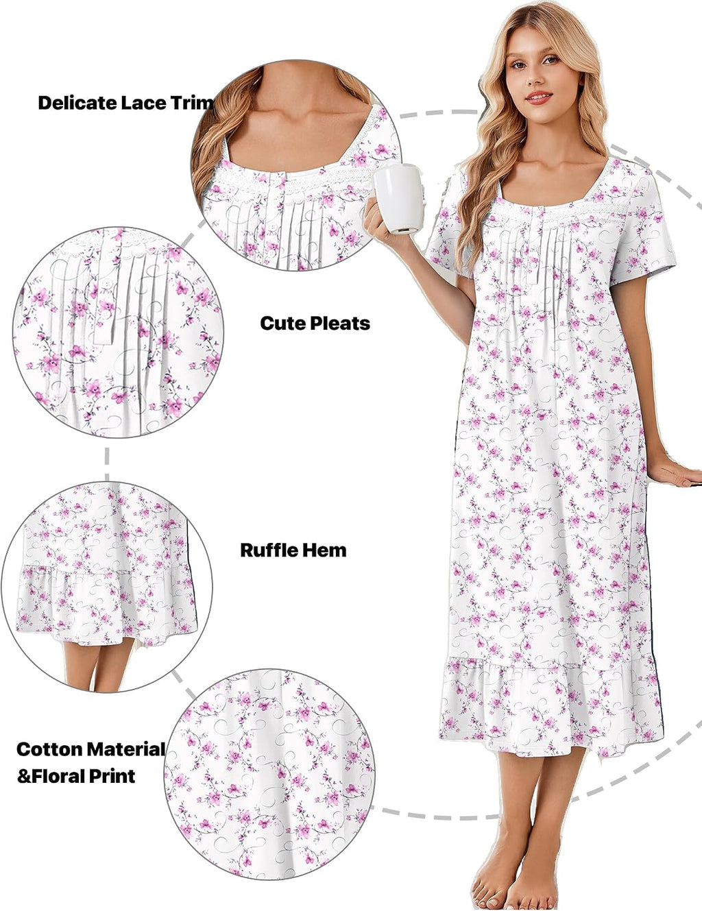 Ekouaer Cotton Long Nightgowns for Women Short Sleeve Button House Dress