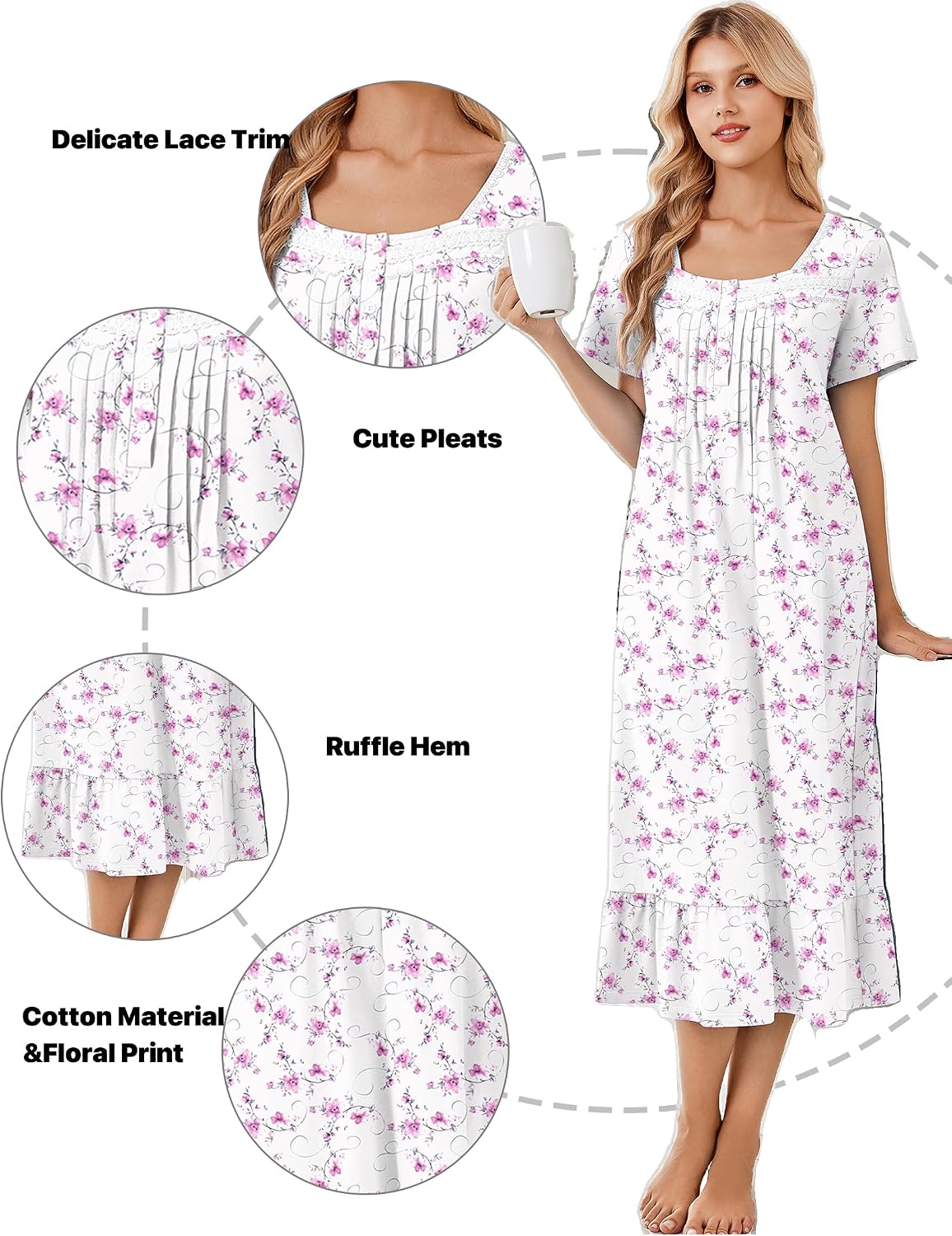 Ekouaer Cotton Long Nightgowns for Women Short Sleeve Button House Dress