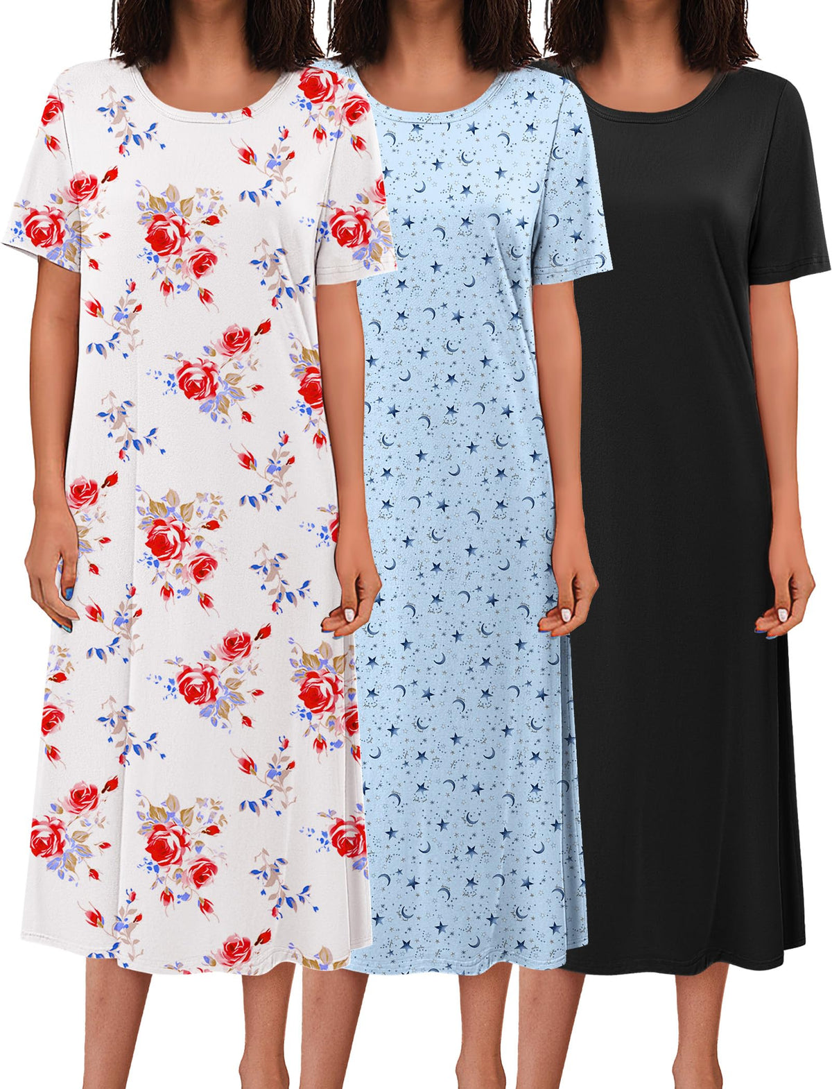 Ekouaer 3 Pack Long Nightgowns for Women House Dress Plus Size Nightshirt