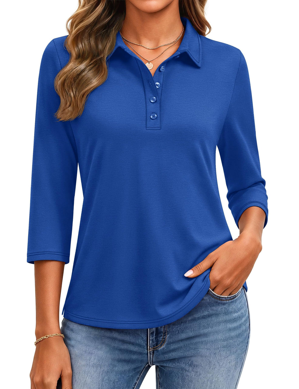 YUCOLEN Polo Shirts for Women 3/4 Sleeve Tops Golf Tees 5-Button Collared