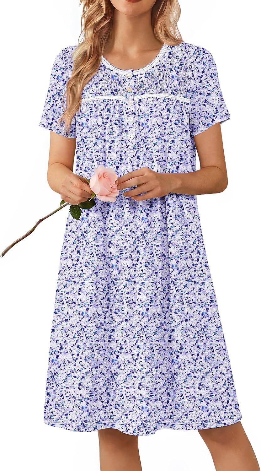 Ekouaer Nightgowns for Women Smocked Night Gown Short Sleeve Sleepshirts