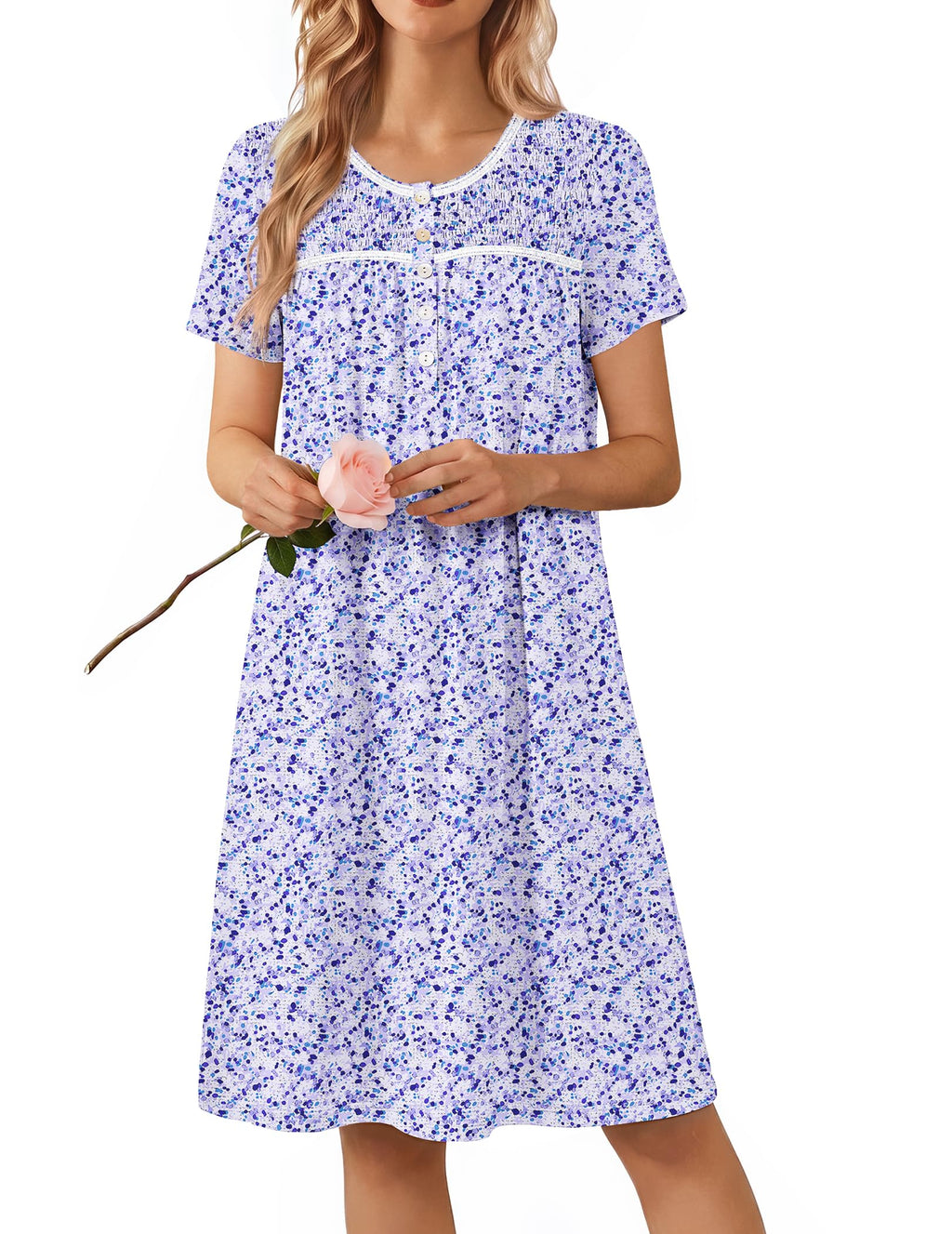 Ekouaer Nightgowns for Women Smocked Night Gown Short Sleeve Sleepshirts