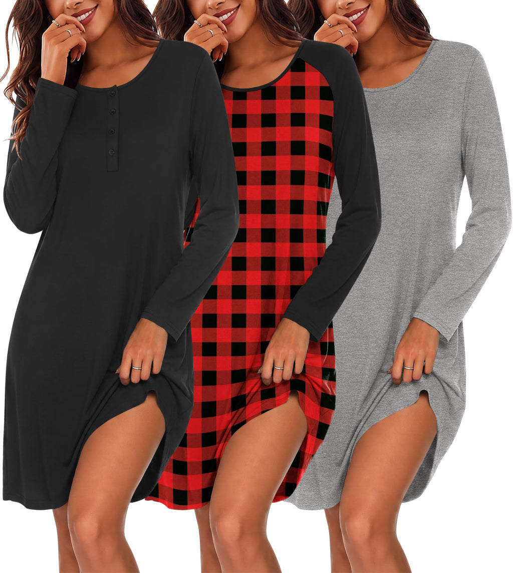Ekouaer 3 Pack Nightgowns for Women Long Sleeve Sleepshirt Soft Nightshirt