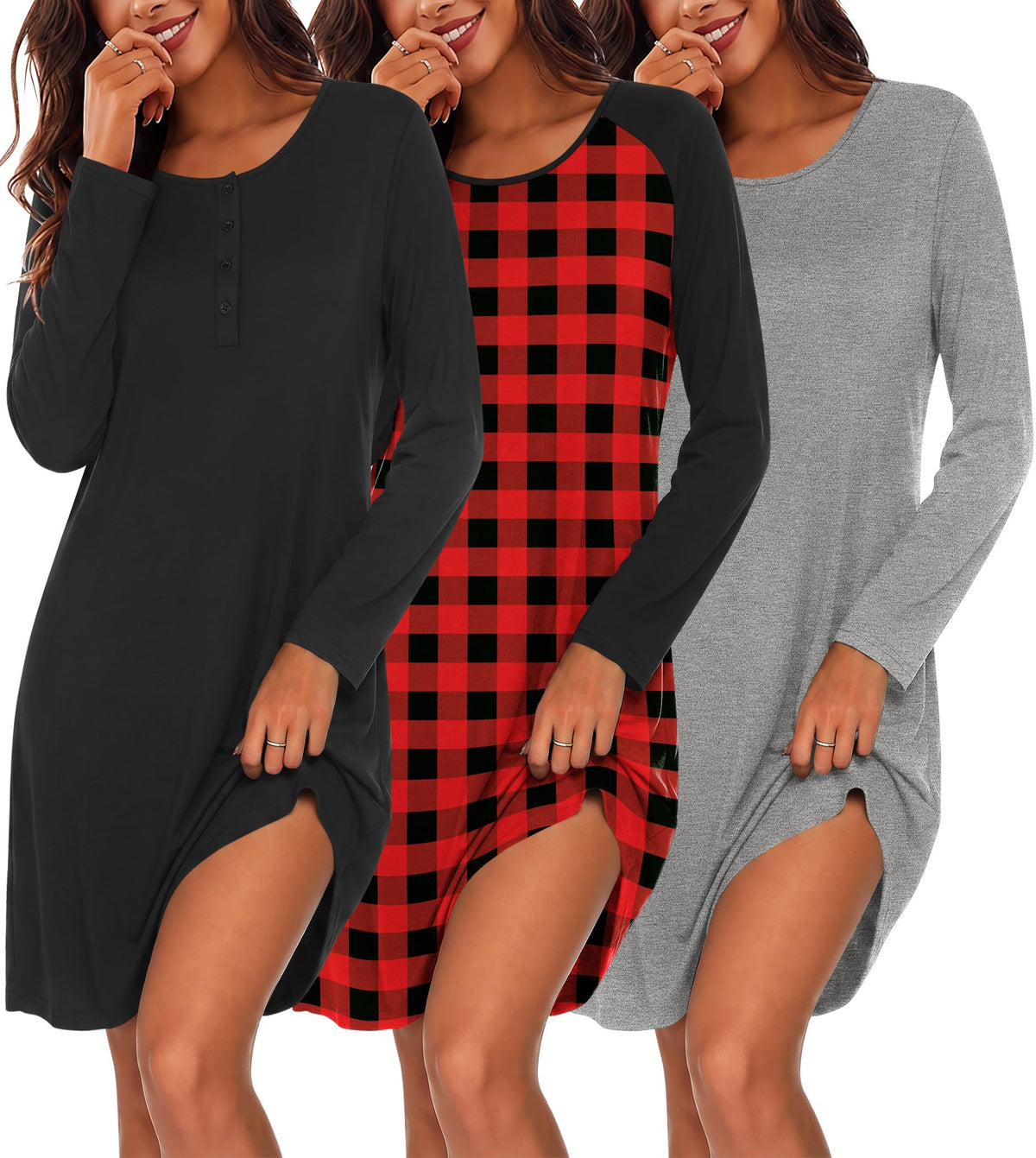 Ekouaer 3 Pack Nightgowns for Women Long Sleeve Sleepshirt Soft Nightshirt