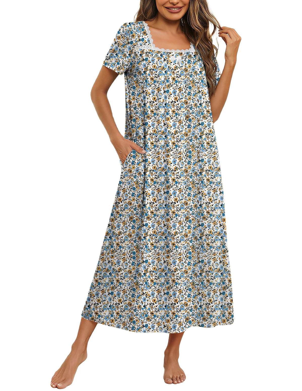 Ekouaer Cotton Long Nightgowns for Women Vintage House Dress with Pockets