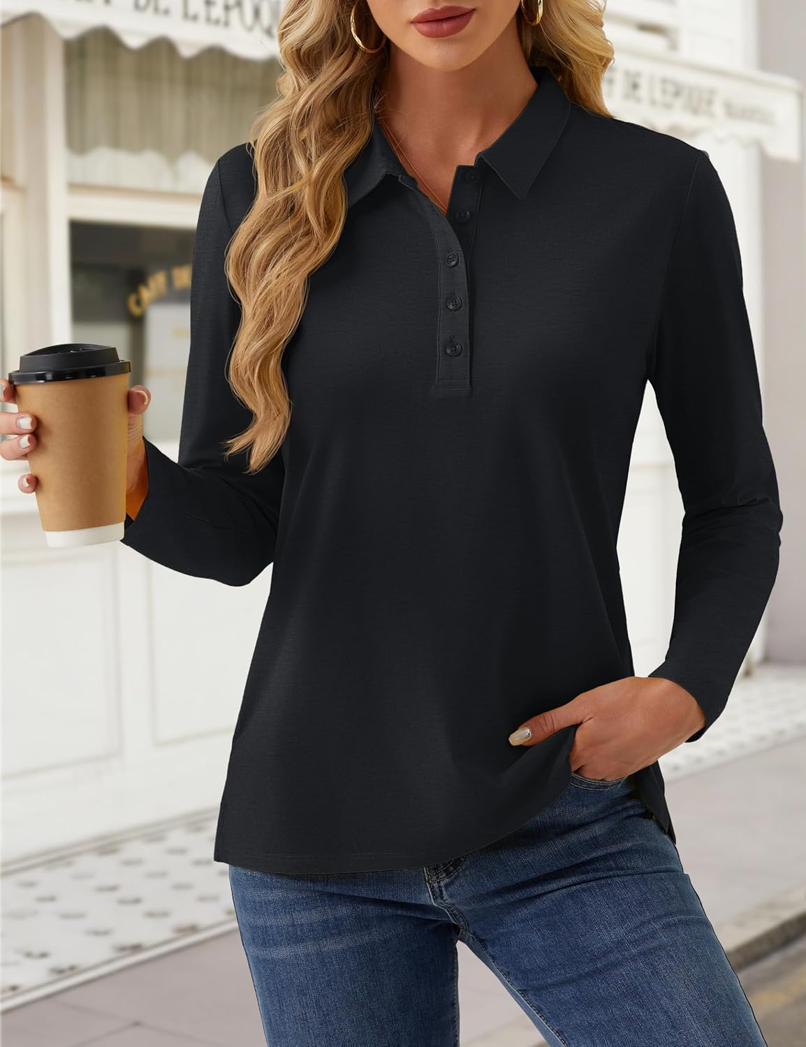 YUCOLEN Long Sleeve Polo Shirts for Women 5-Button Collared Golf Tops