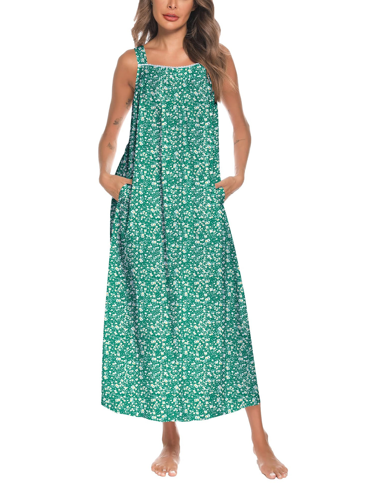 YOZLY Cotton Nightgowns for Women Embroidery Sleeveless Night Gown with Pockets S-XXXL