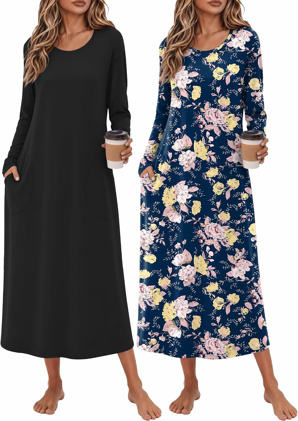Ekouaer 2 Pack Long Nightgowns for Women Long Sleeve Nightgown with Pocket