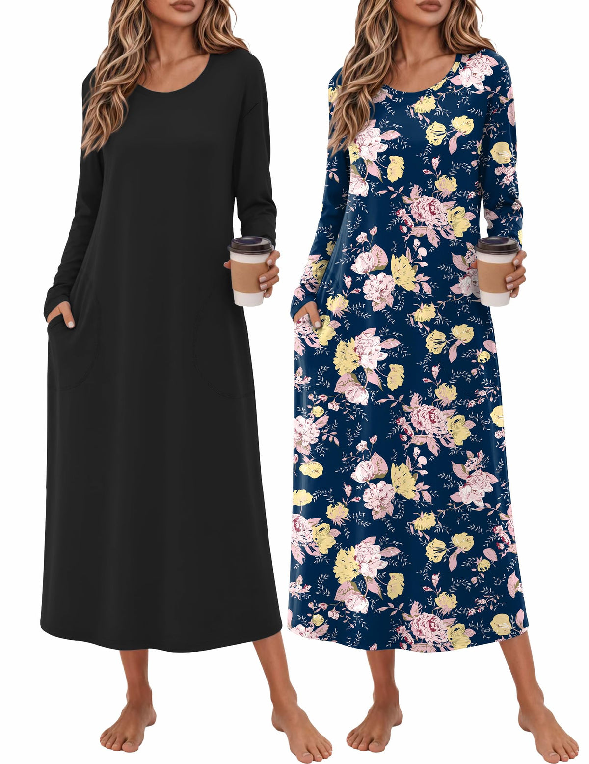 Ekouaer 2 Pack Long Nightgowns for Women Long Sleeve Nightgown with Pocket