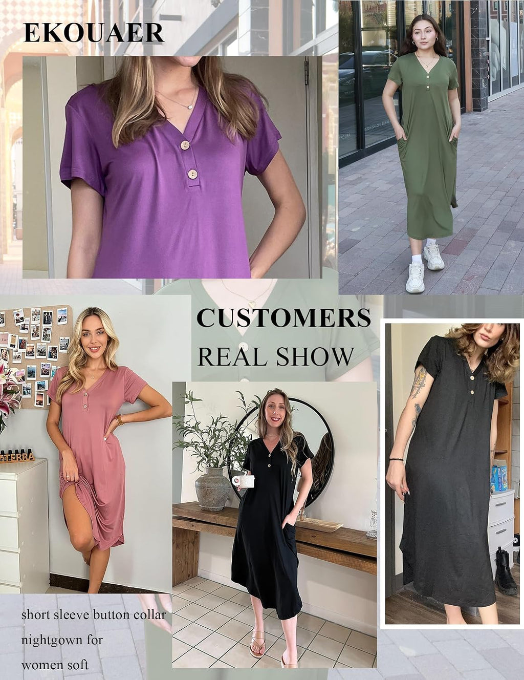 Ekouaer Long Nightgowns For Women Short Sleeve Midi Nightgown With Pockets