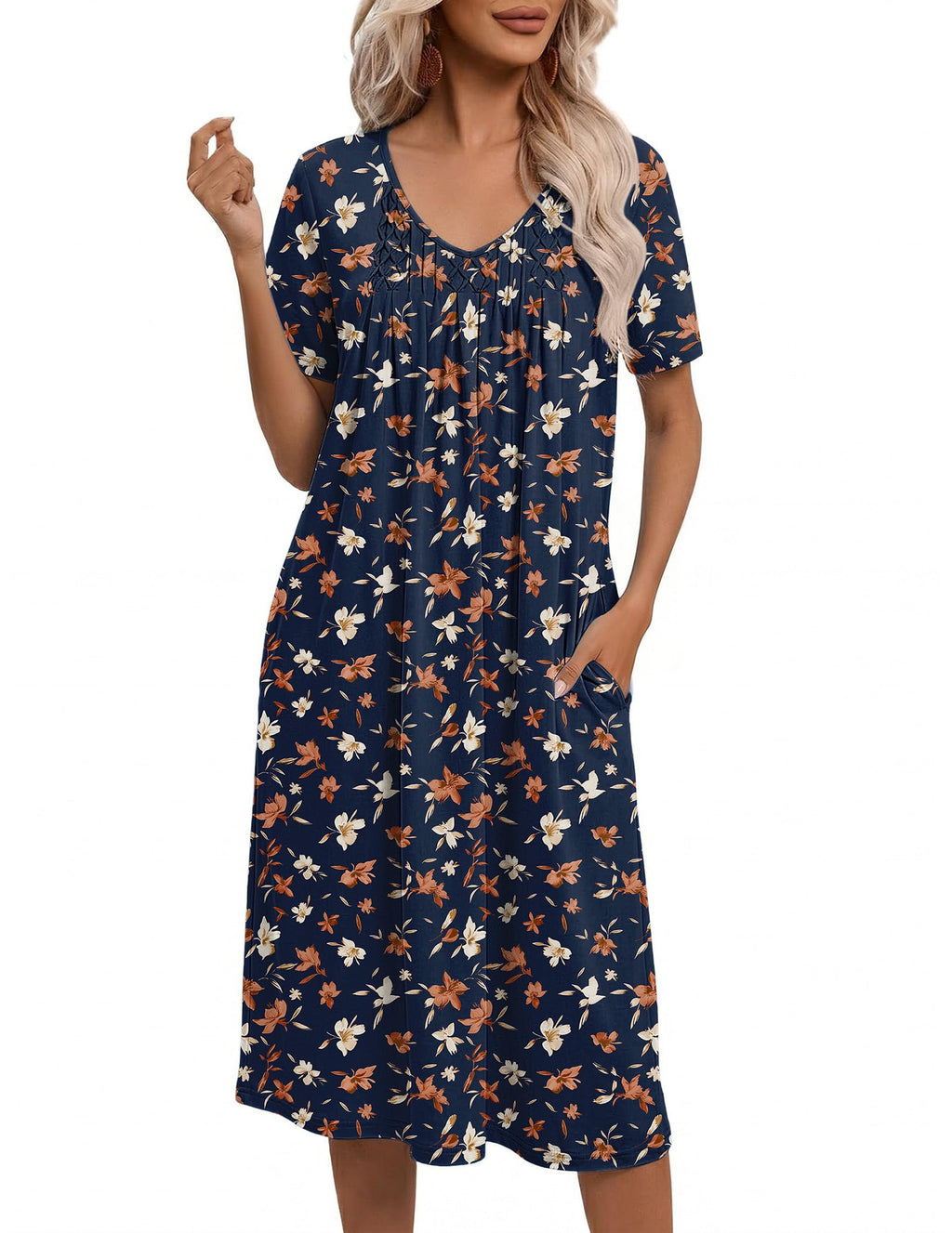 Ekouaer Nightgowns for Women with Pockets House Dress Pleated Night Gowns