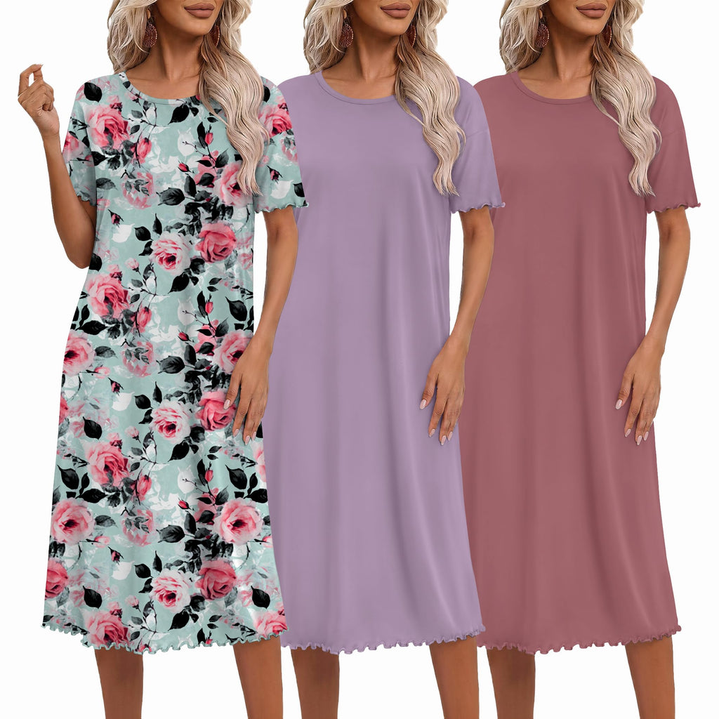 Ekouaer 3 Pack Long Nightgowns for Women Ruffle House Dress