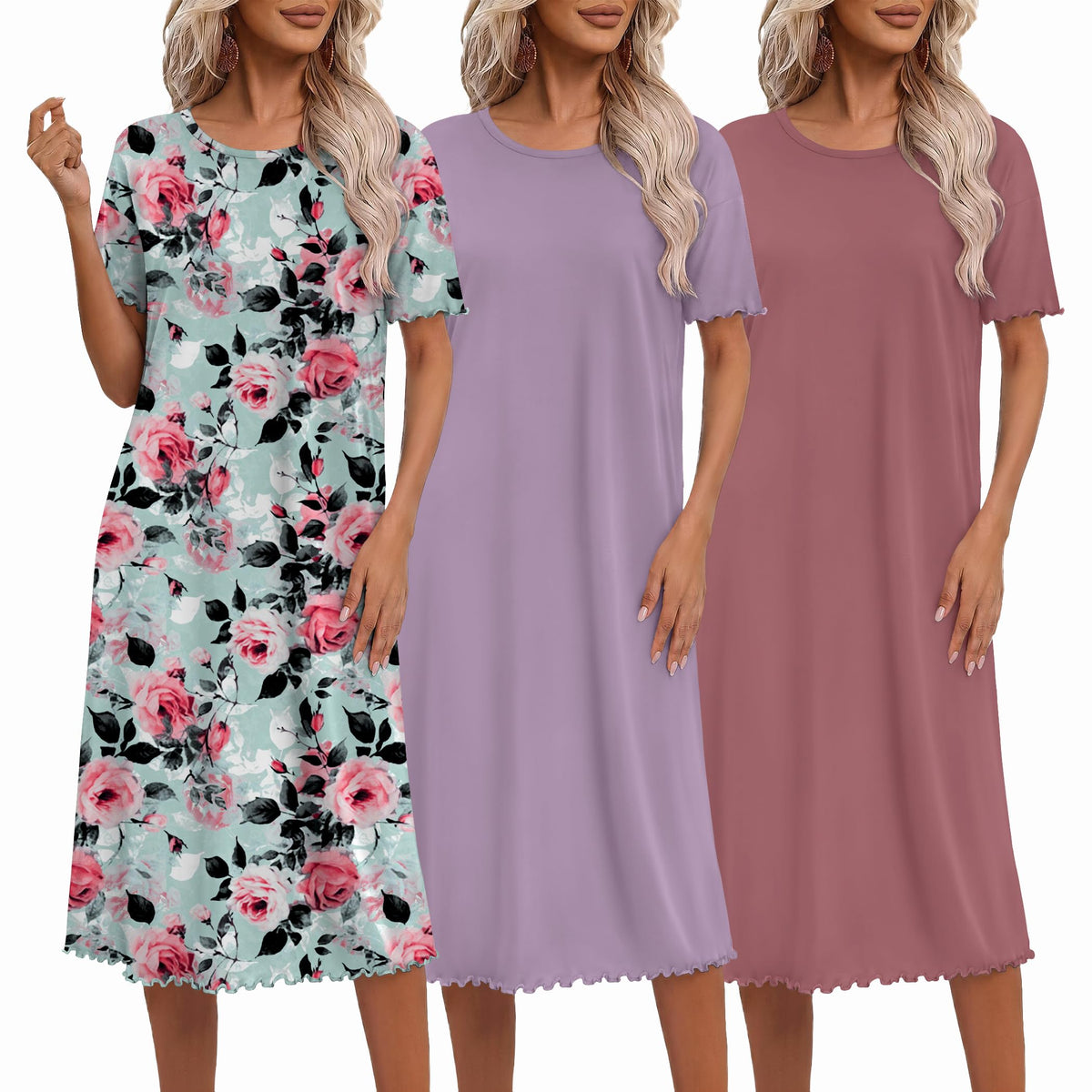 Ekouaer 3 Pack Long Nightgowns for Women Ruffle House Dress