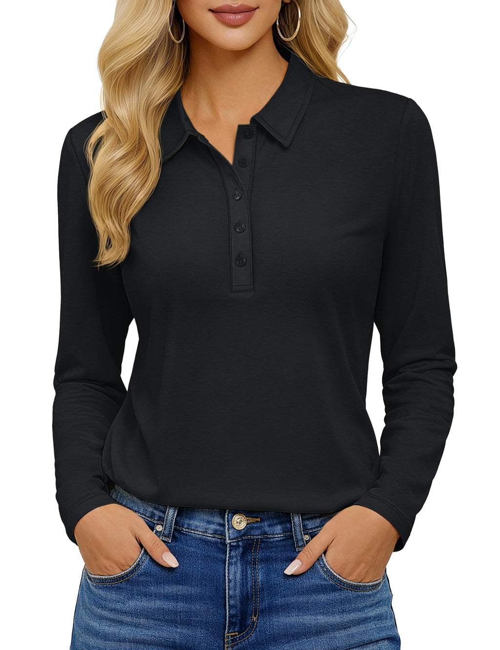 YUCOLEN Long Sleeve Polo Shirts for Women 5-Button Collared Golf Tops