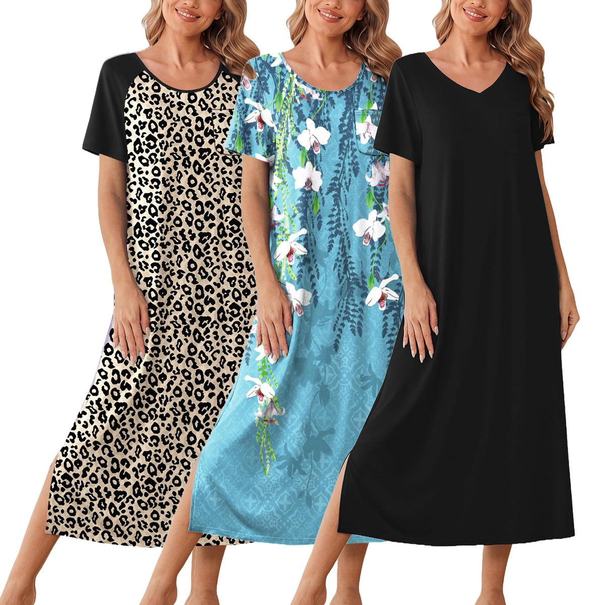 Ekouaer Long Nightgowns for Women 3 Pack Plus Size Short Sleeve House Dress