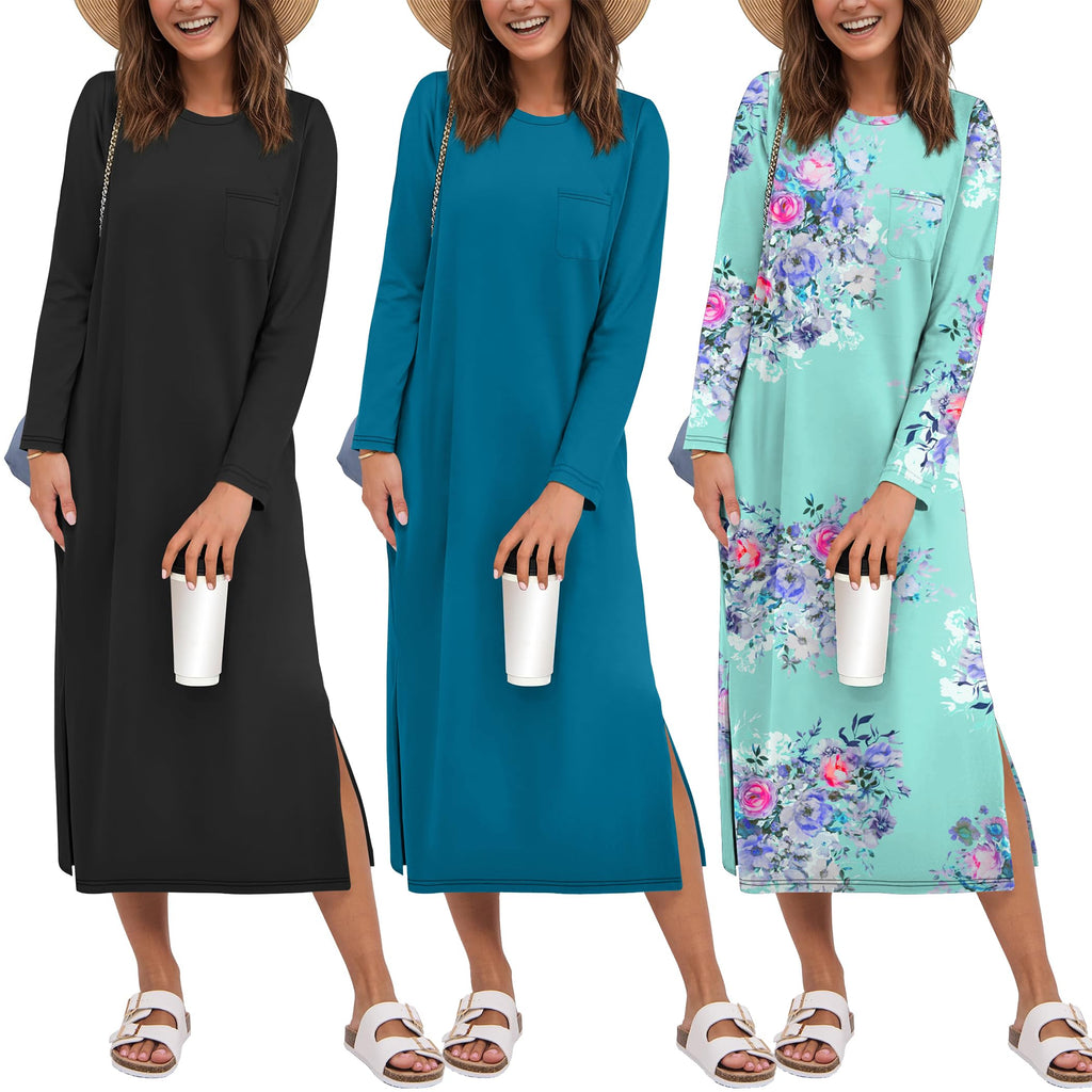 Ekouaer 3 Pack Long Sleeve Full Length Chest Pocket Nightgowns for Women