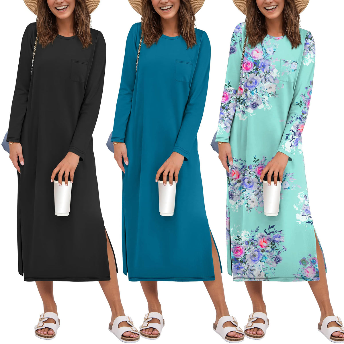 Ekouaer 3 Pack Long Sleeve Full Length Chest Pocket Nightgowns for Women