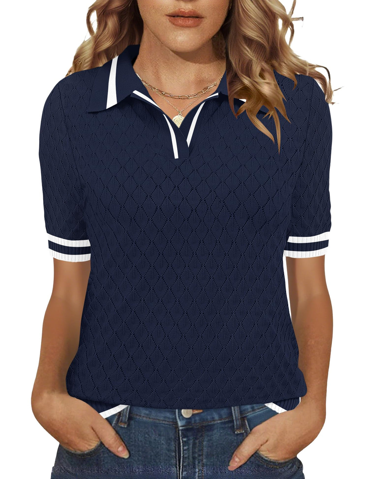 Rapbin Womens Short Sleeve Knit Polo Shirts Summer Spring Sweater Tops