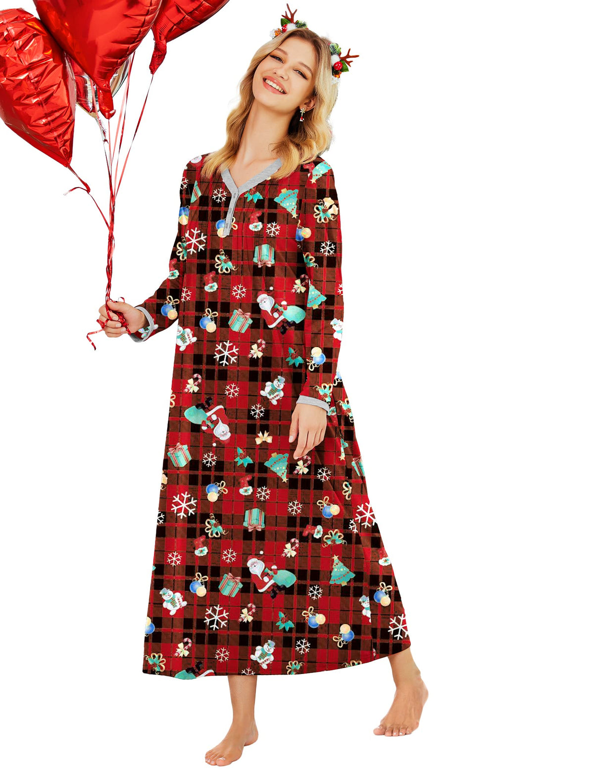 Ekouaer Women's Long Sleeve Nightgown Full Length Sleepwear Long Sleepshirts Henley Sleep Dress