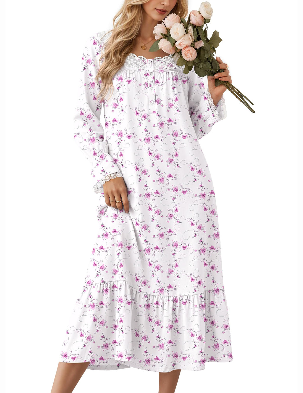 Ekouaer Cotton Nightgowns for Women Long Sleeve Night Gown Lace Sleepwear