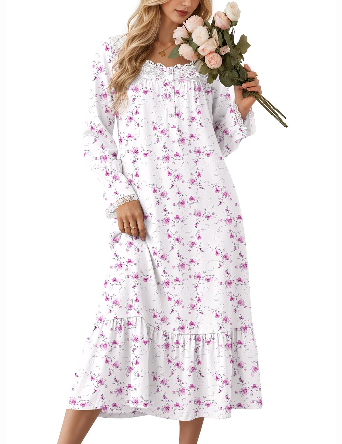 Ekouaer Cotton Nightgowns for Women Long Sleeve Night Gown Lace Sleepwear
