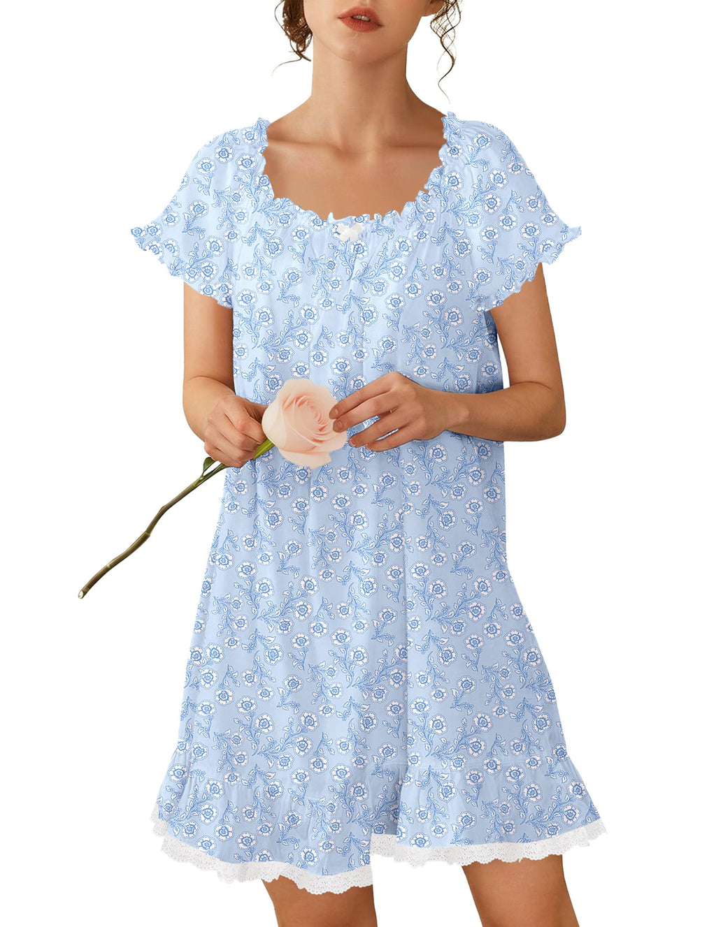 Ekouaer Cotton Nightgowns for Women Short Sleeve Victorian Night Gowns