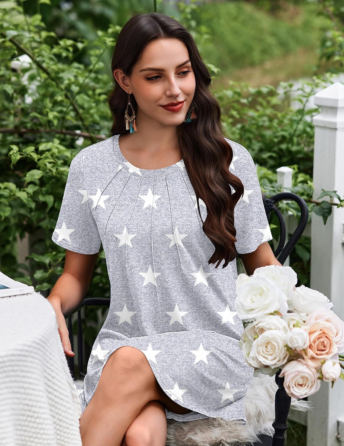 Ekouaer Nightgowns for Women Pleated Nightshirts Short Sleeve Sleepshirts