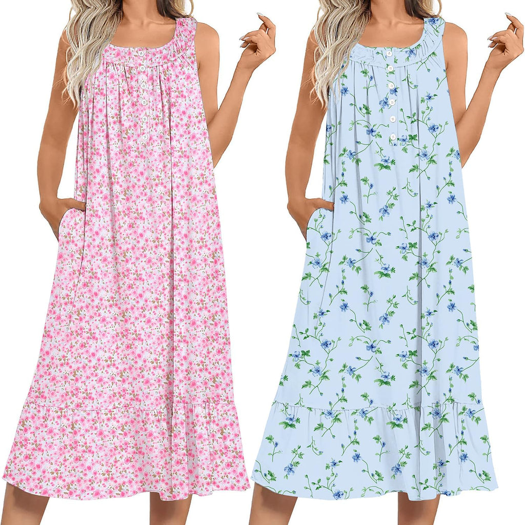 Ekouaer 2 Pack Nightgowns for Women Sleeveless Long Night Gowns Victorian Nightdress with Pockets Soft Ladies Gown
