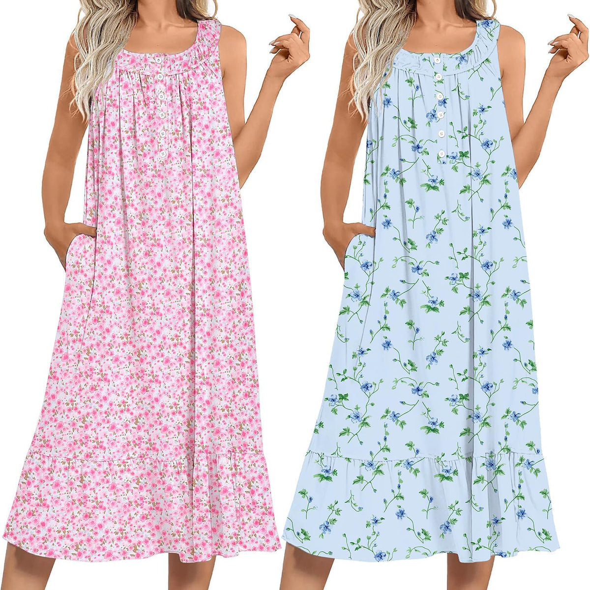 Ekouaer 2 Pack Nightgowns for Women Sleeveless Long Night Gowns Victorian Nightdress with Pockets Soft Ladies Gown