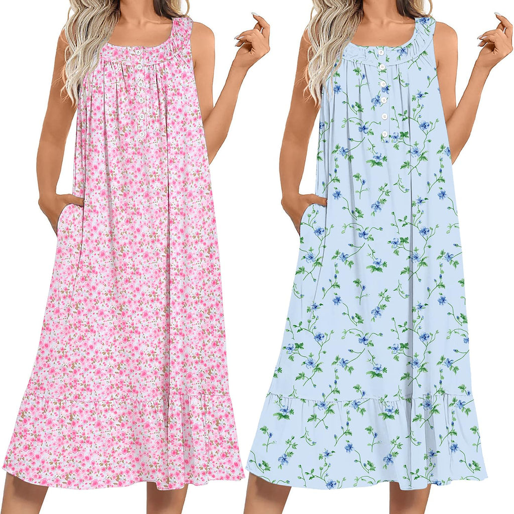 Ekouaer 2 Pack Nightgowns for Women Sleeveless Long Night Gowns Victorian Nightdress with Pockets Soft Ladies Gown