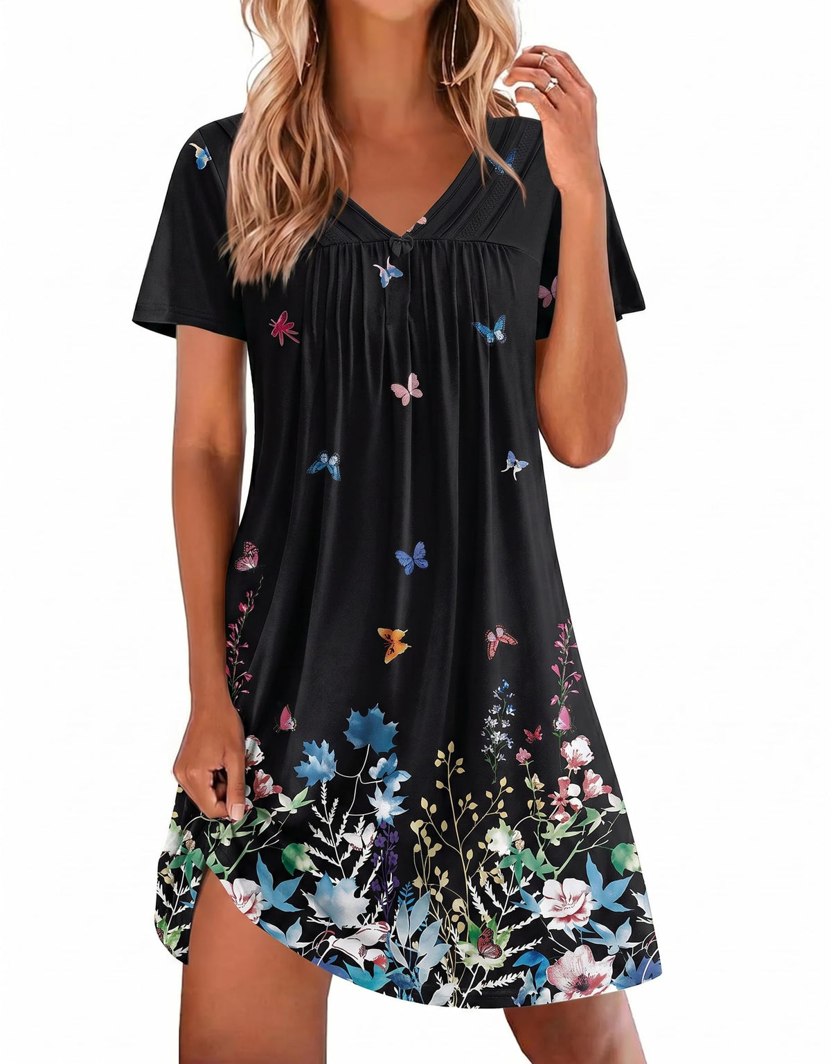 Ekouaer Nightgowns for Women V Neck Sleepshirt Short Sleeve Nightdress Lace Trim Night Gown House Dress with Pockets