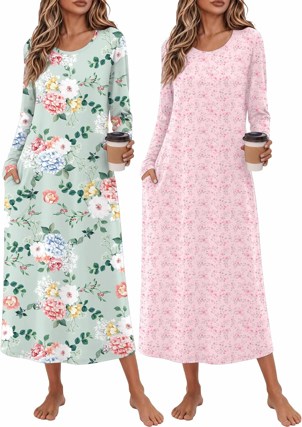 Ekouaer 2 Pack Long Nightgowns for Women Long Sleeve Nightgown with Pocket