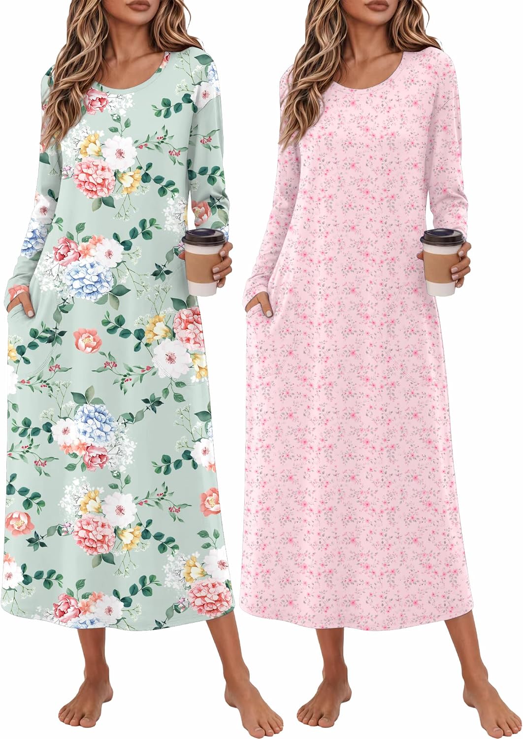Ekouaer 2 Pack Long Nightgowns for Women Long Sleeve Nightgown with Pocket