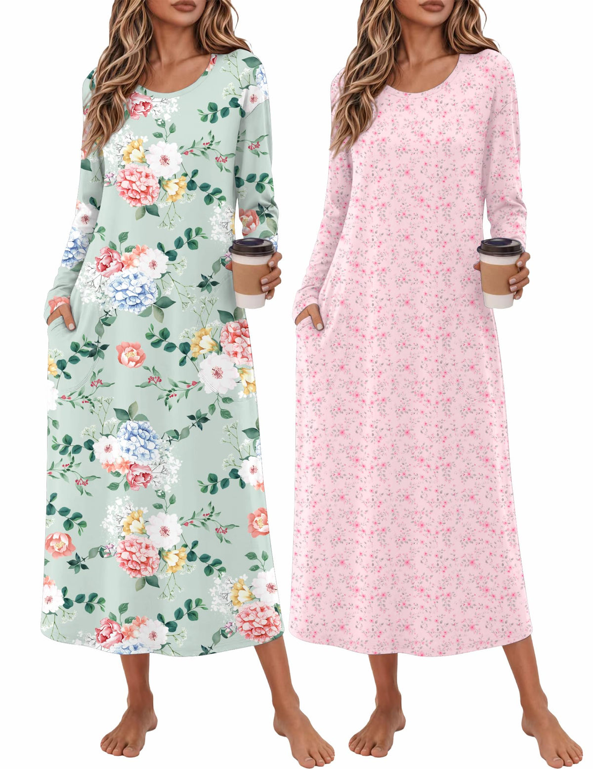 Ekouaer 2 Pack Long Nightgowns for Women Long Sleeve Nightgown with Pocket
