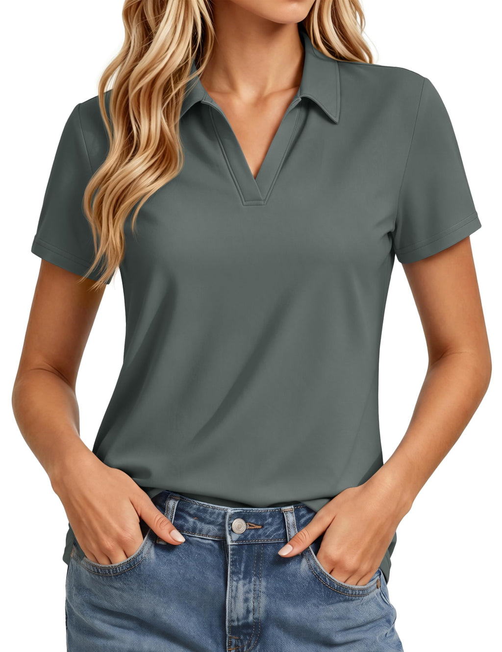 MAGCOMSEN Women's Golf Shirts Short Sleeve Polo Collared Shirt V Neck Quick Dry Sun Protection UPF 50+ Tennis Top