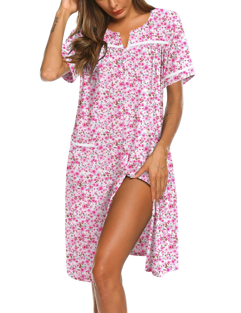 Ekouaer Nightgowns for Women House Dress with Pockets Button Down Sleepshirt Short Sleeve Nightshirt Housecoat