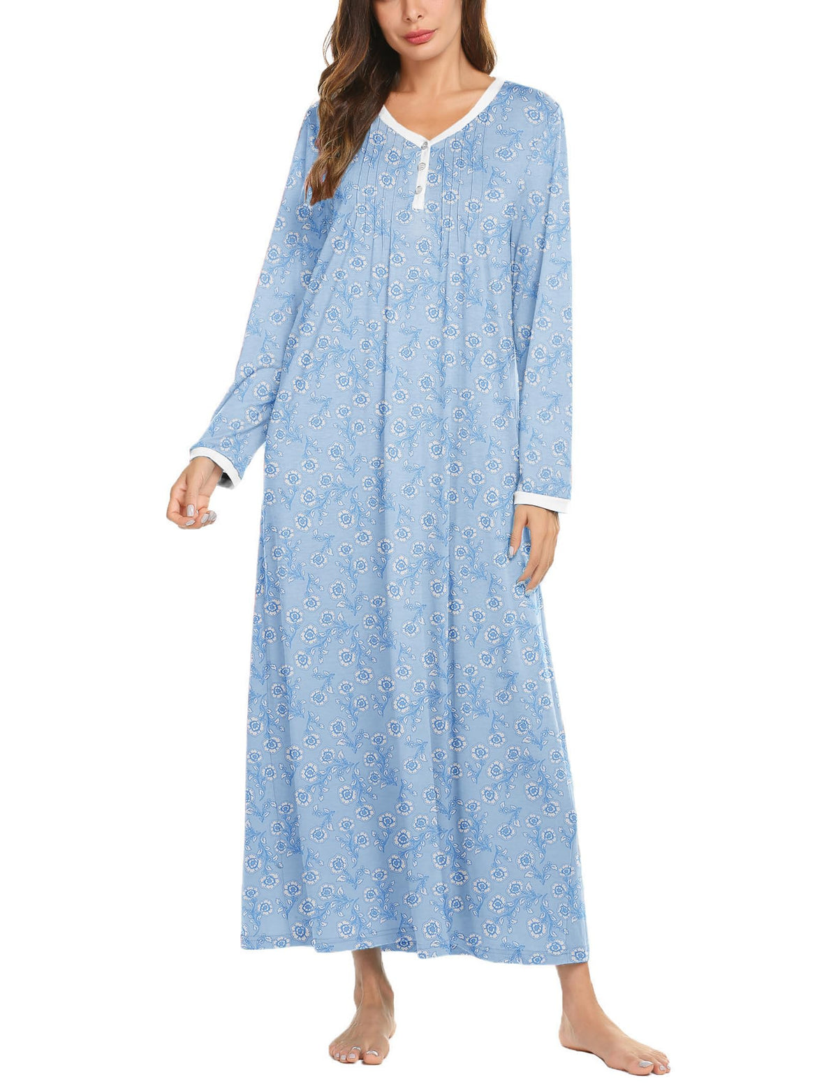 Ekouaer Women's Long Sleeve Nightgown Full Length Sleepwear Long Sleepshirts Henley Sleep Dress