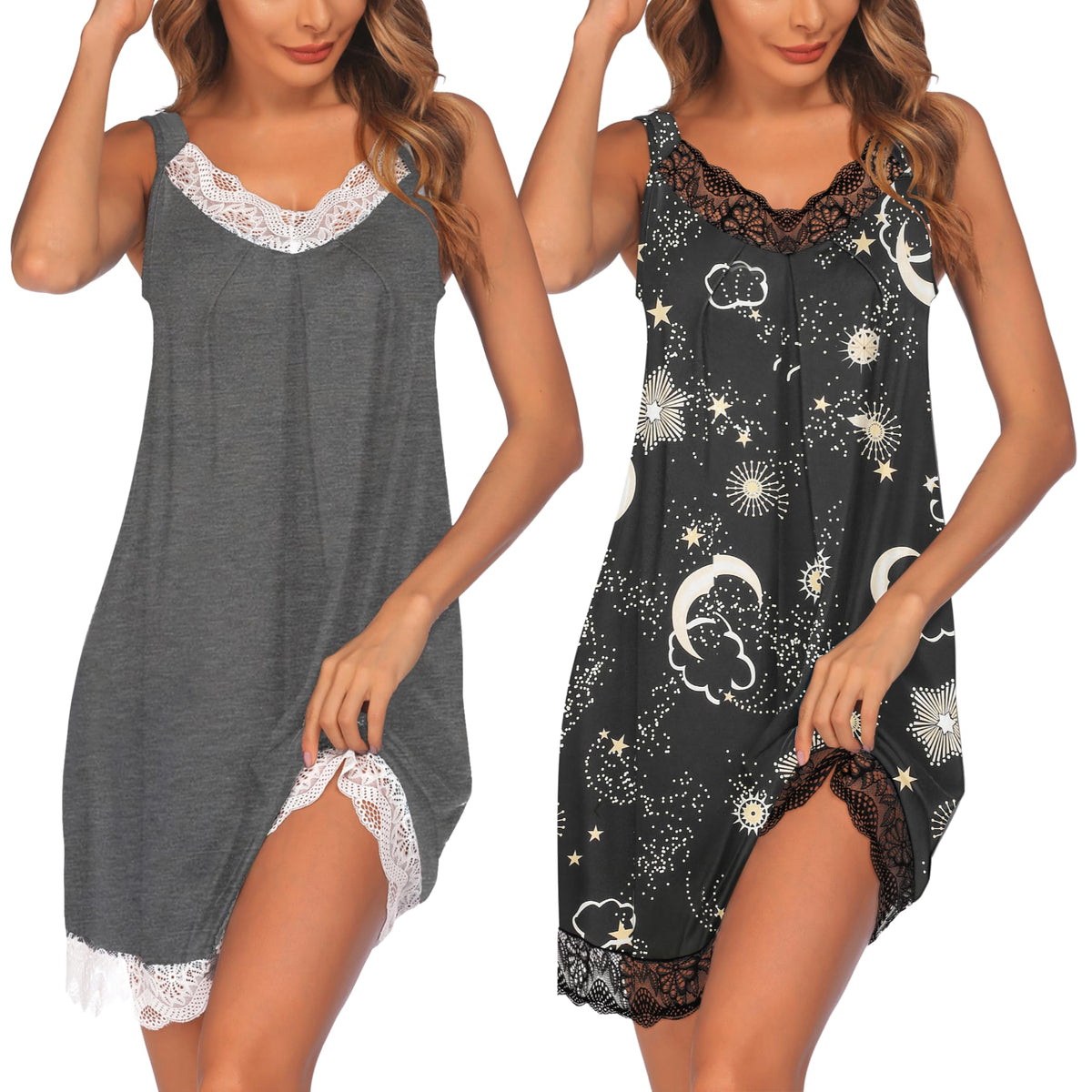 Ekouaer 2 Pack Night Gowns for Adult Women V Neck Lace Sleeveless Sleepwear
