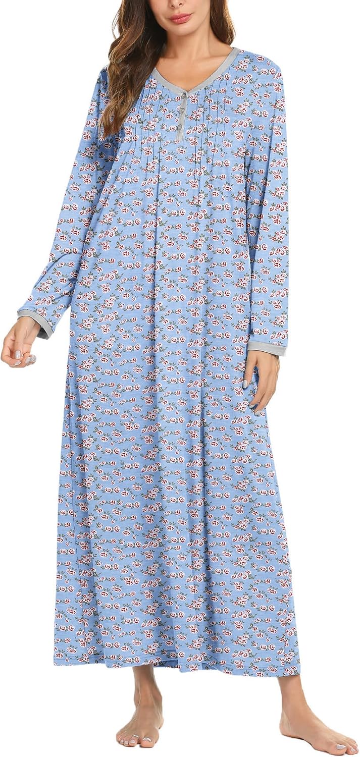 Ekouaer Women's Long Sleeve Nightgown Full Length Sleepwear Long Sleepshirts Henley Sleep Dress
